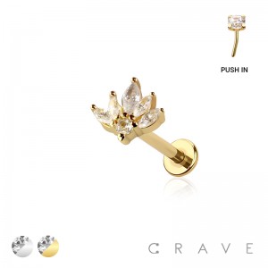 LOTUS MARQUISE TOP THREADLESS (PUSH IN) 316L SURGICAL STEEL LABRET SET